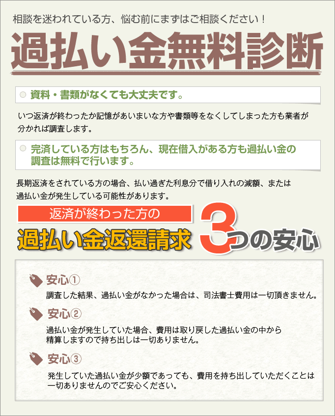 過払い金無料診断。相談を迷われている方、悩む前にまずはご相談ください。