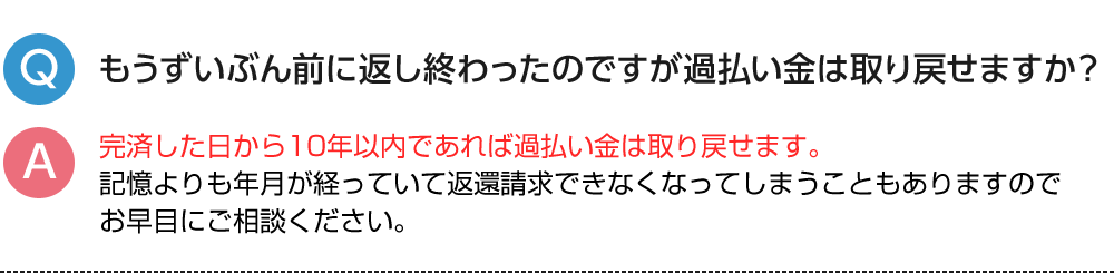 もうずいぶん前に返し終わったのですが過払い金は取り戻せますか？